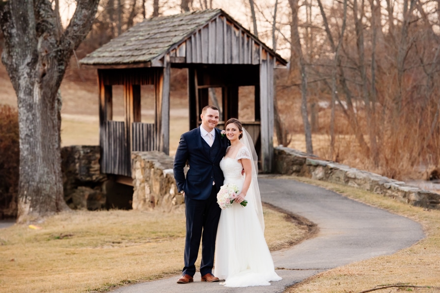 Holly Hills Country Club wedding portraits at covered bridge 