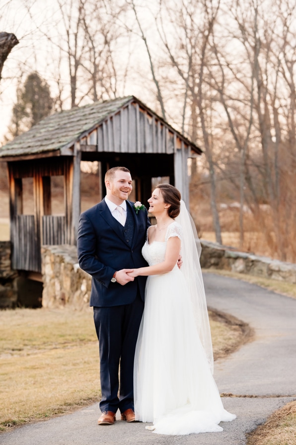 Holly Hills Country Club bride and groom photos at covered bridge 