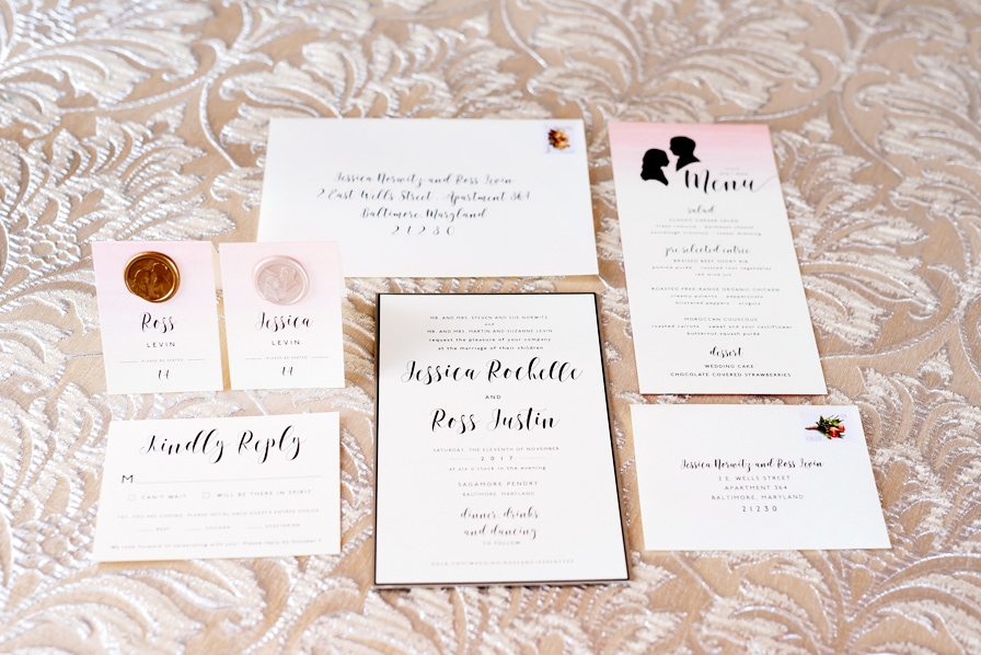 Elegant yet simple wedding invitation suite and escort cards. Blush watercolor ombre wedding menus, Metallic wax seal escort cards