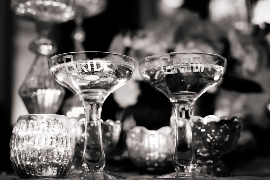 vintage bride and groom toasting glasses