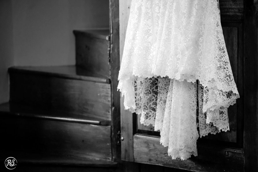 detail of lace wedding gown