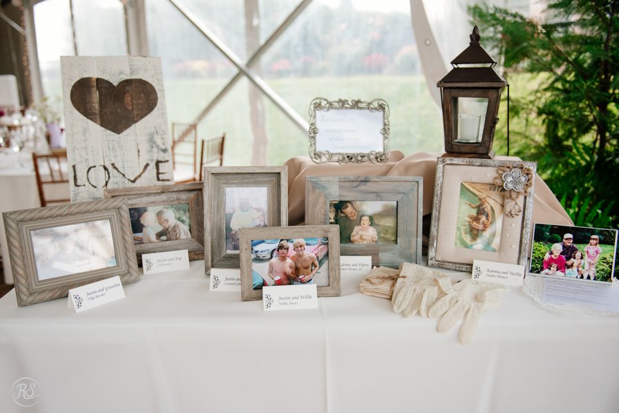 Family photo display at wedding