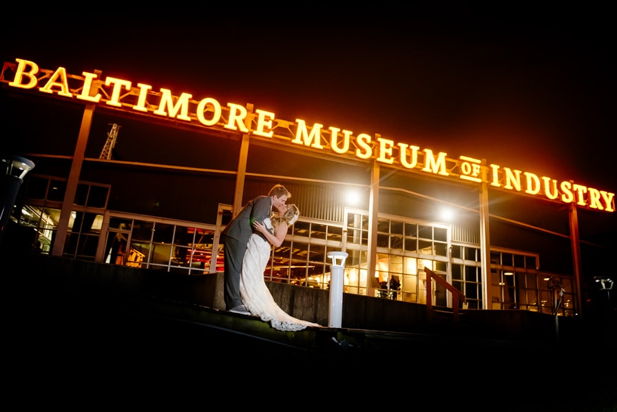 Baltimore Museum of Industry Nighttime photos of Bride and Groom