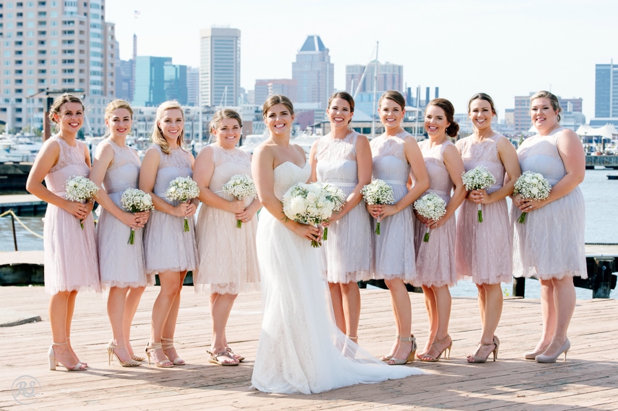 Bride and Bridesmaids on the Baltimore waterfront 