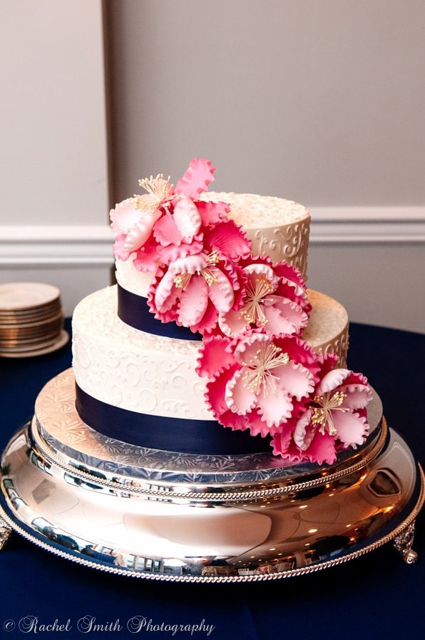 Wedding day cake with navy and pink