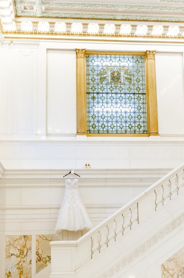 Hotel Monaco Wedding, Sophia Tolli Dress Hanging in Staircase