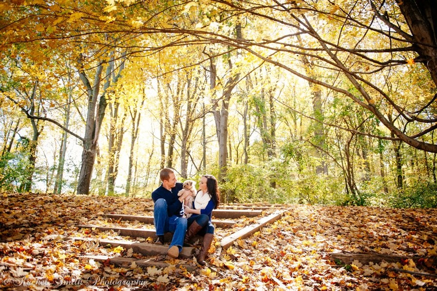 Fall Engagement Photography, Autumn Engagement Photos, Dog in Leaves