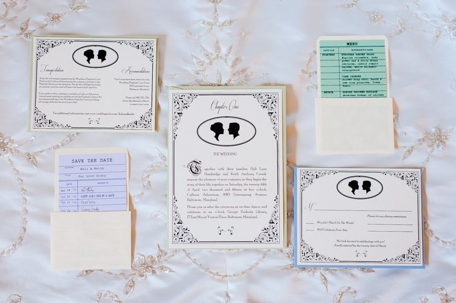 Library themed wedding invitations 