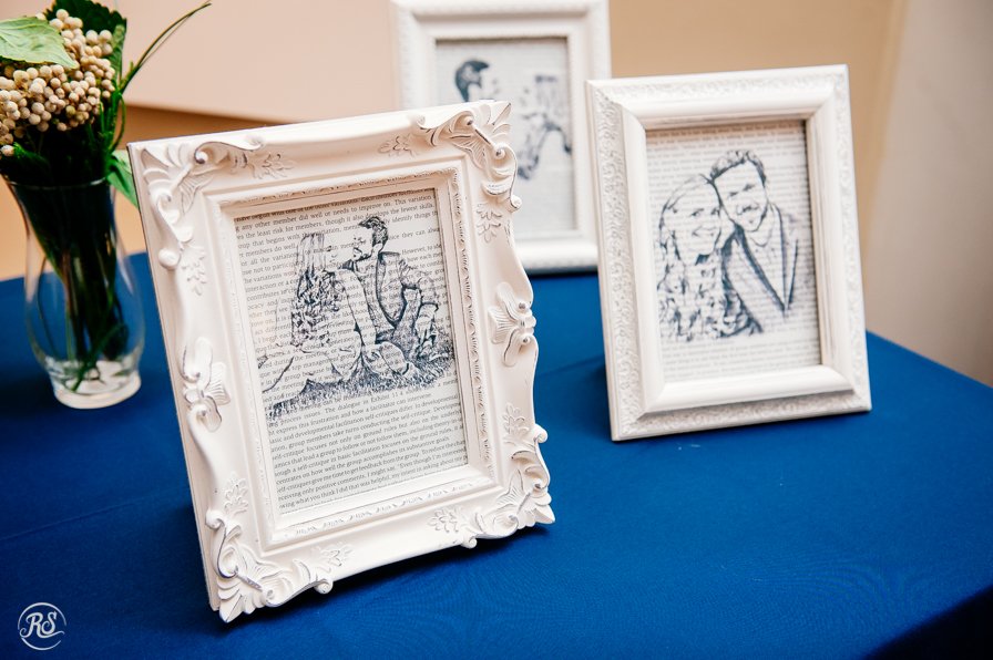 Sketch of bride and groom on book pages