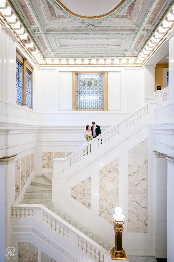 Bride and Groom at the The Baltimore Hotel Monaco Staircase. 