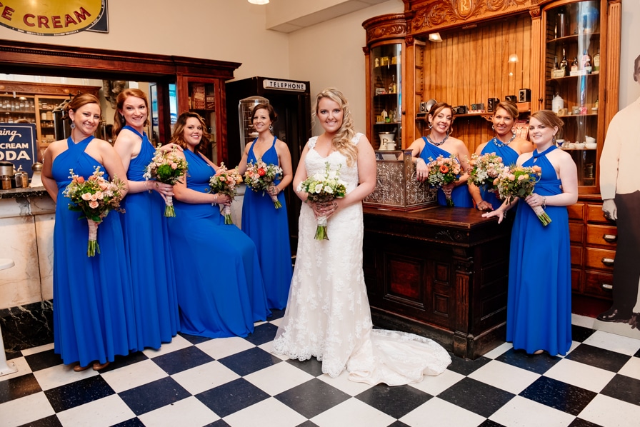 Bride and Bridesmaids in Baltimore Museum of Industry Pharmacy 