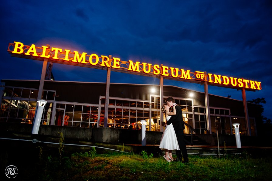 Night Photo of Bride and Groom at Baltimore Museum of Industry 