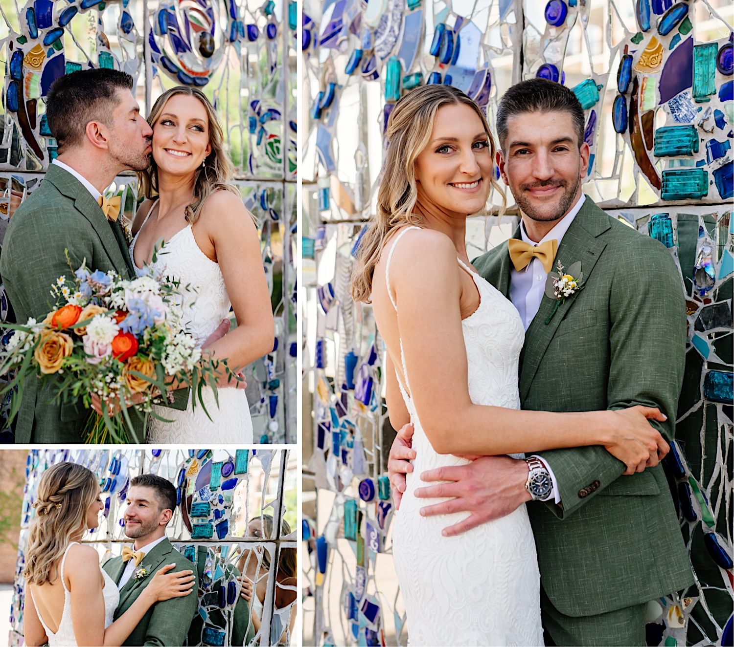 outdoor spring wedding photos of bride and groom at the American visionary art museum