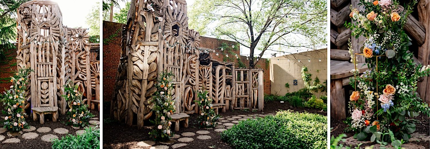 wedding ceremony in the wild flower garden at the American visionary art museum