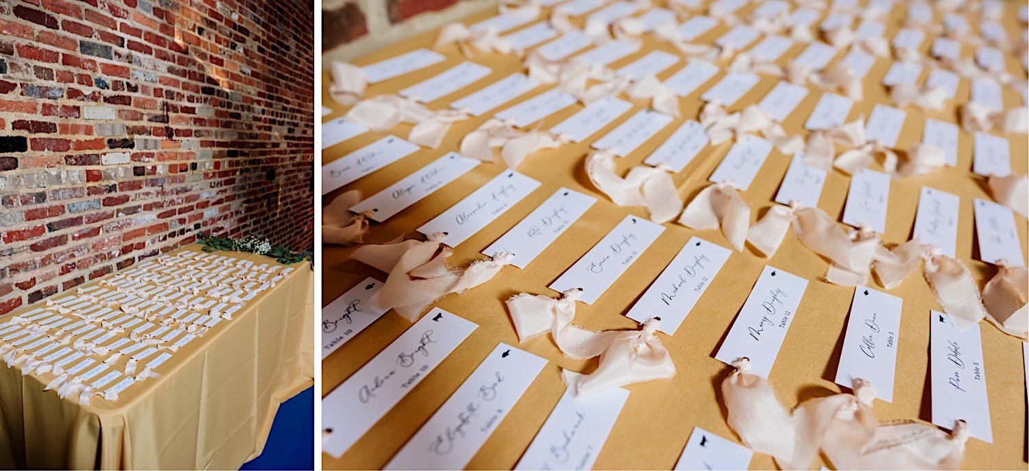table seating tags with cream ribbon on yellow linen table