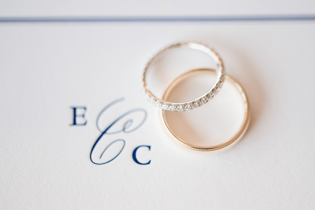 wedding bands styled on monogram wedding stationary