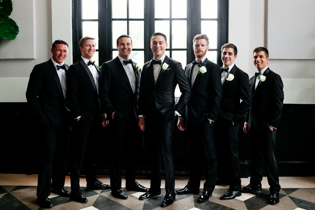 groom and groomsmen portrait at the Baltimore Sagamore Pendry hotel