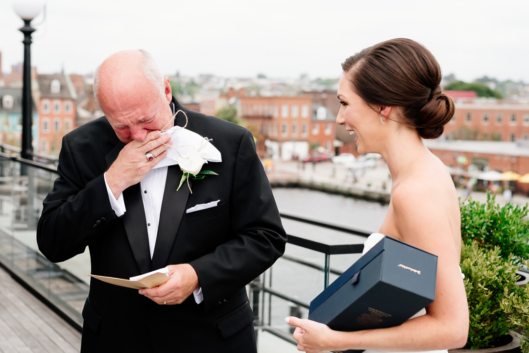 father of the bride crying happy tears over bride's gift
