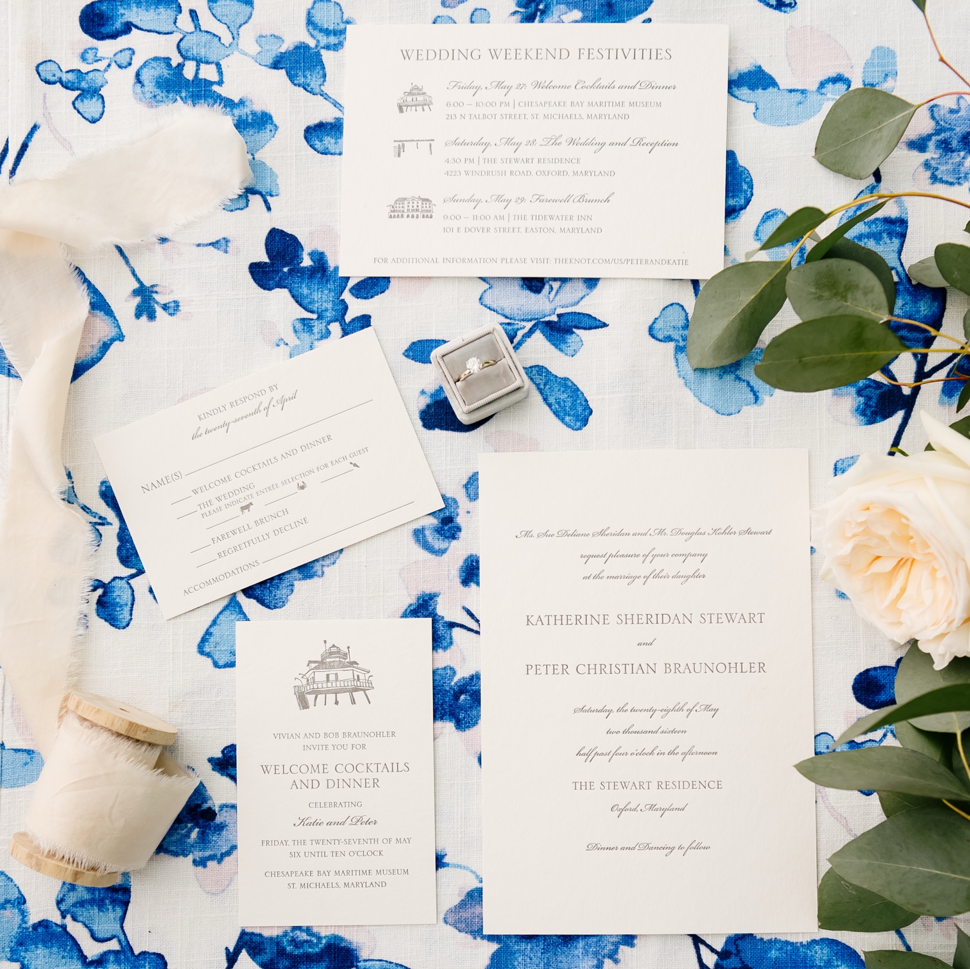 Wedding day layflat of invitation on summer linen with coastal vibes. DC Rental, La Tavola Linens