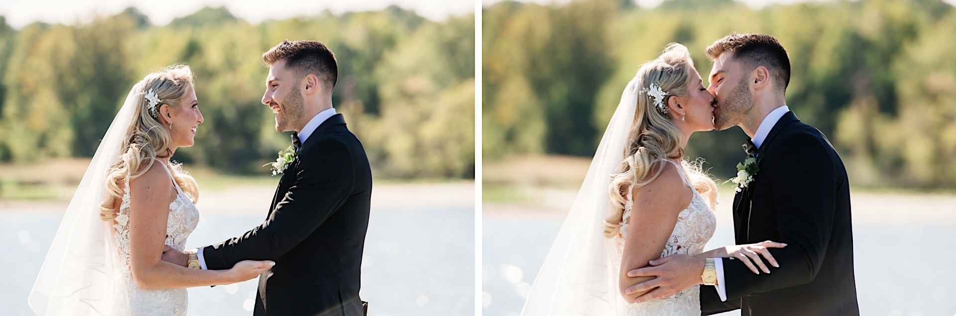 bride and groom have first look on the pier at herrington on the bay