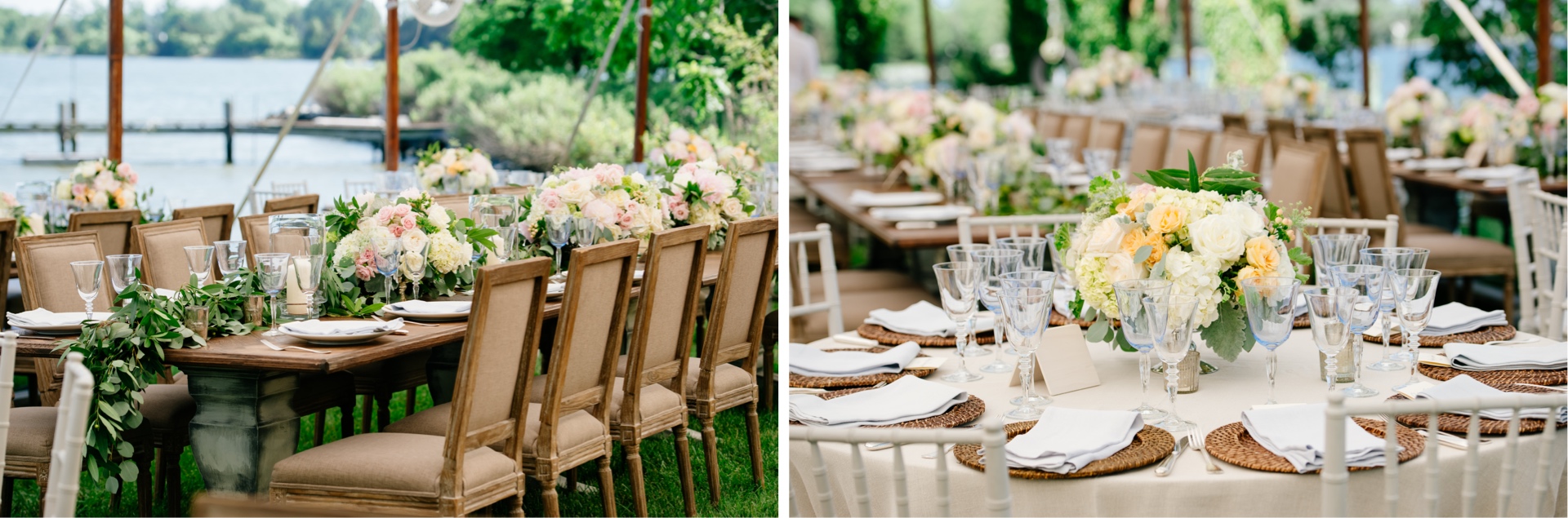 Elegant wood chairs and wood tables for outdoor wedding