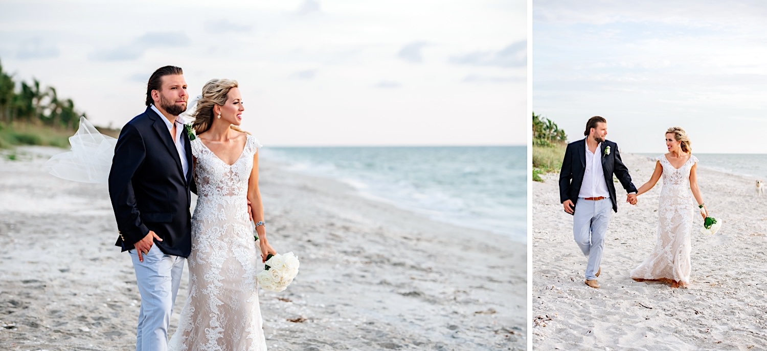 bride and groom walking along Florida beach in Captiva island