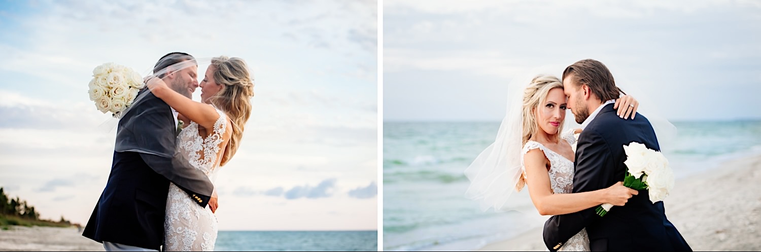 photos of wedding veil over couple beach photo shoot