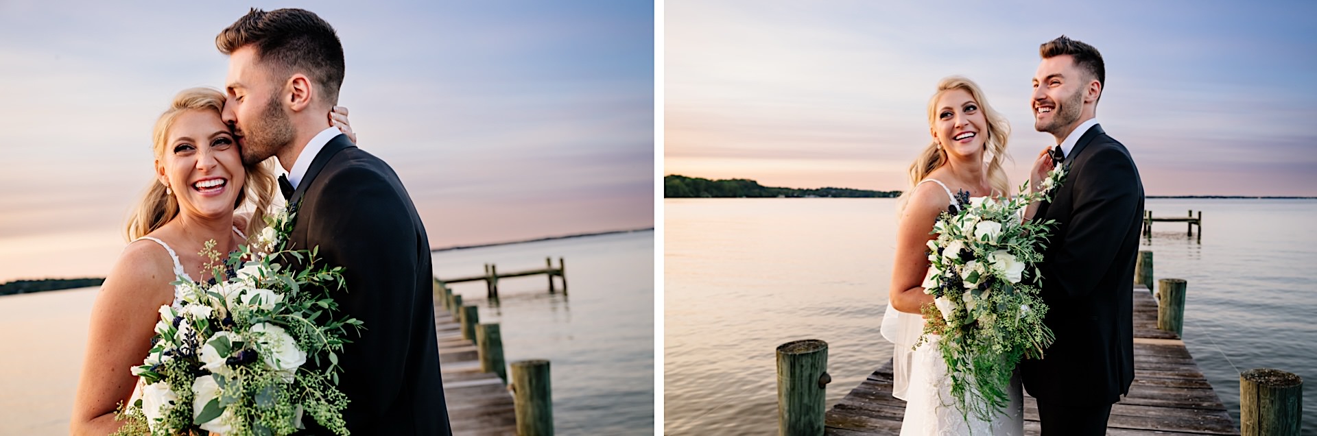 sunset photos of bride and groom on the pier at herrington on the bay