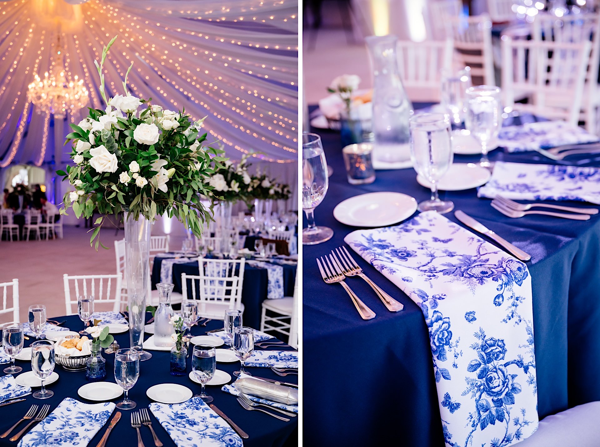herrington on the bay wedding reception with white floral centerpieces with blue linens