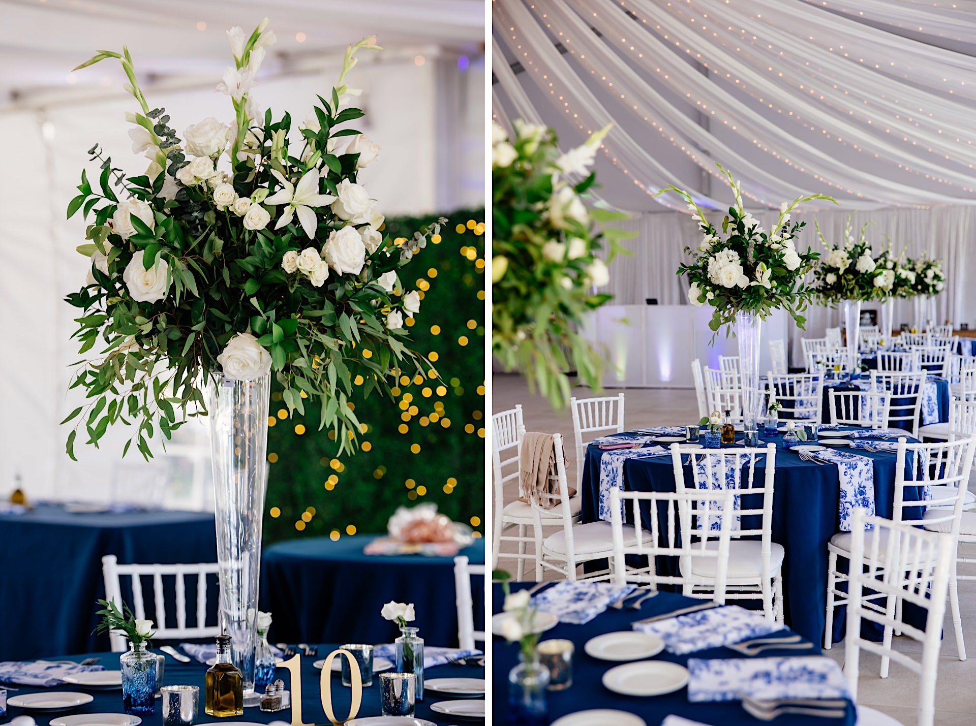 wedding reception with white floral centerpieces with blue linens