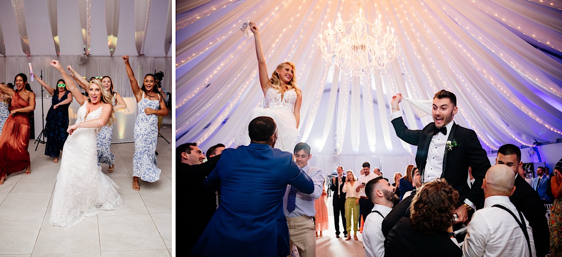 bride and groom lifted up during hora in beautiful tented wedding